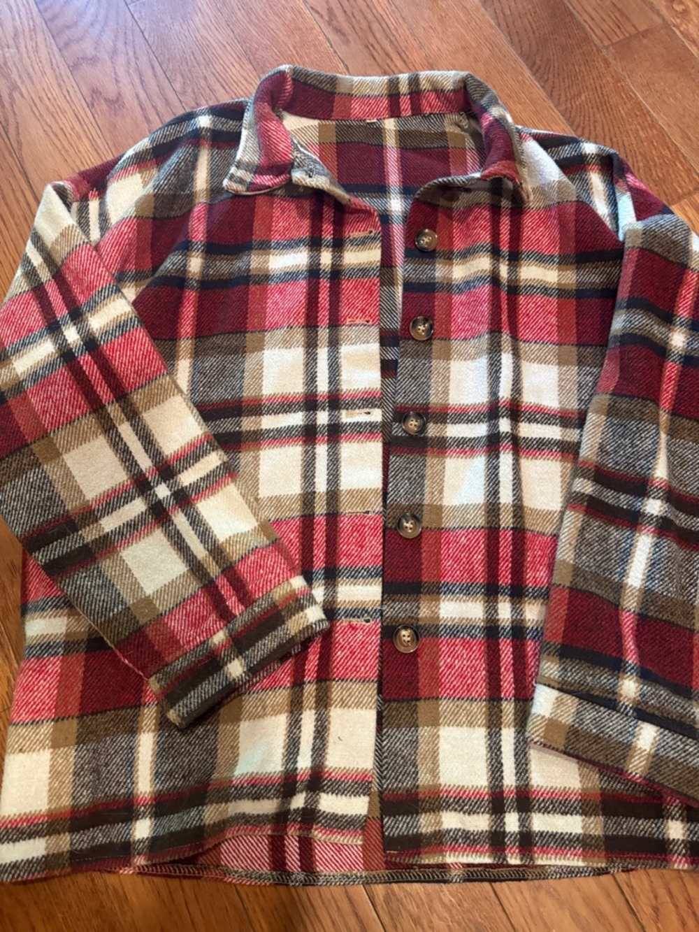 Amazon Red Plaid Button-Front Women’s Pea Coat with Cream and Brown Accents